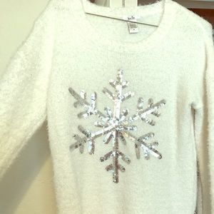 white fuzzy snowflake christmas sweater